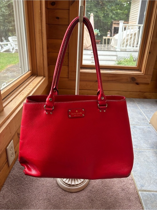 kate spade Handbags - Kate Spade Red Pebbled Leather Studded Logo Plaque Shoulder Tote Bag